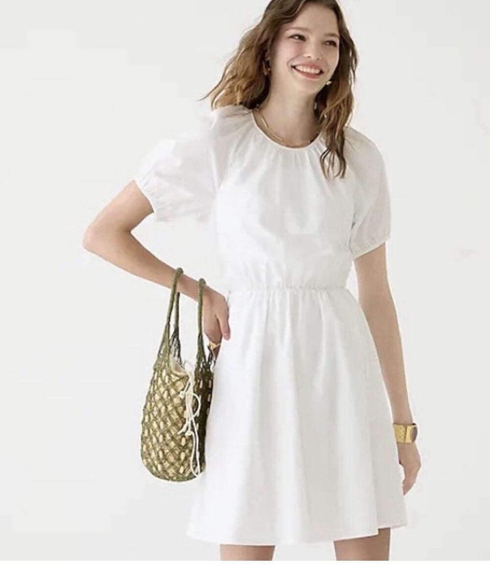 NWT J. Crew Dress Size 12 Tie-Back Cotton Poplin Puff Sleeve White Cut Out